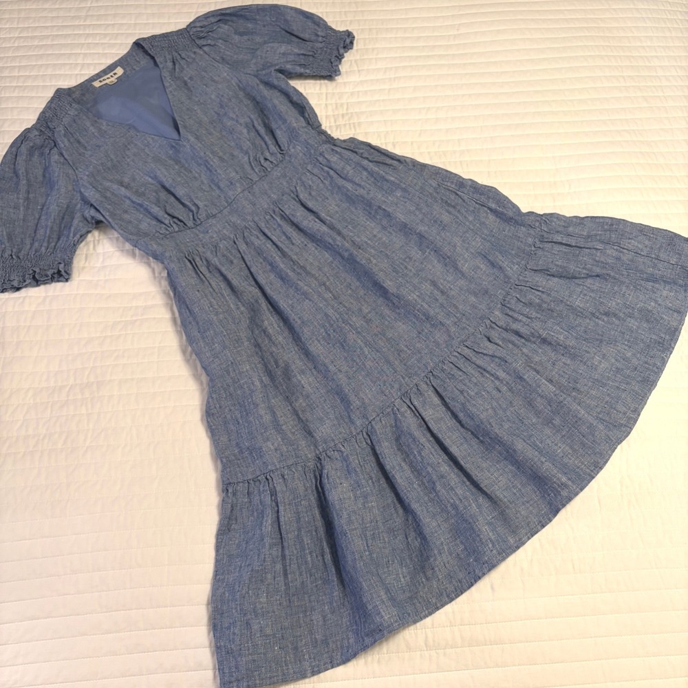 Boden Anna Linen Short Dress Blue V-Neck Puff Sleeve Smocked Tiered Womens 10L